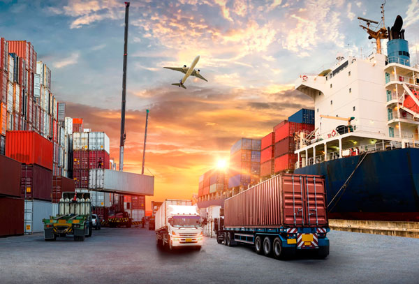 Multimodal transportation collage featuring a cargo ship, freight trucks, container port, and airplane at sunset.