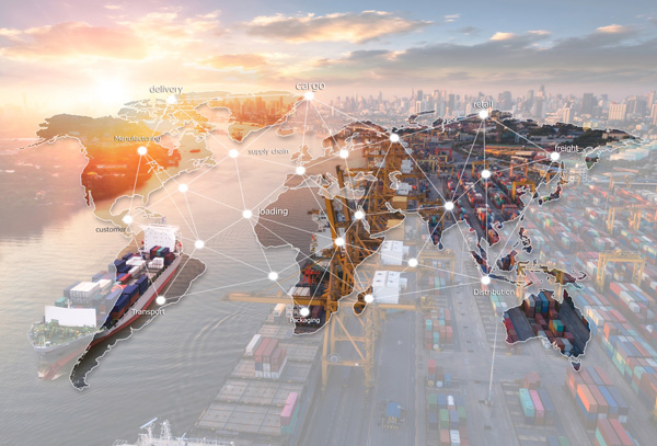 Interactive touch screen interface displaying supply chain and logistics icons inside hexagonal grid nodes.