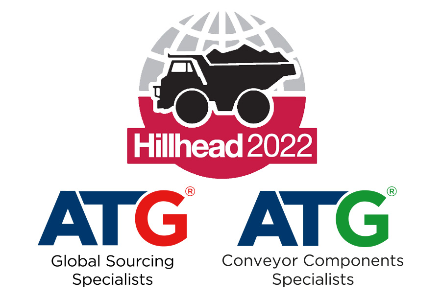 Official Hillhead 2022 quarrying exhibition logo featuring a haul truck graphic, paired with the dual logos for ATG Global Sourcing Specialists and ATG Conveyor Components Specialists.