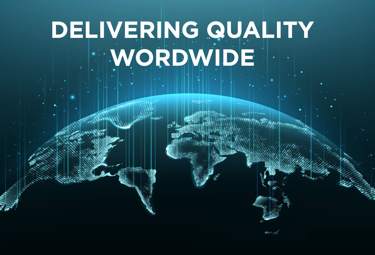 Glowing digital globe graphic with text reading "Delivering Quality Worldwide" on a dark background.