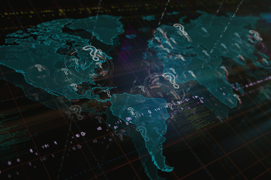 Digital world map overlay with glowing question marks illustrating global economic uncertainty and market volatility.