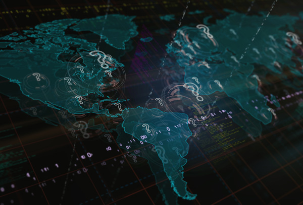 Digital world map overlay with glowing question marks illustrating global economic uncertainty and market volatility.